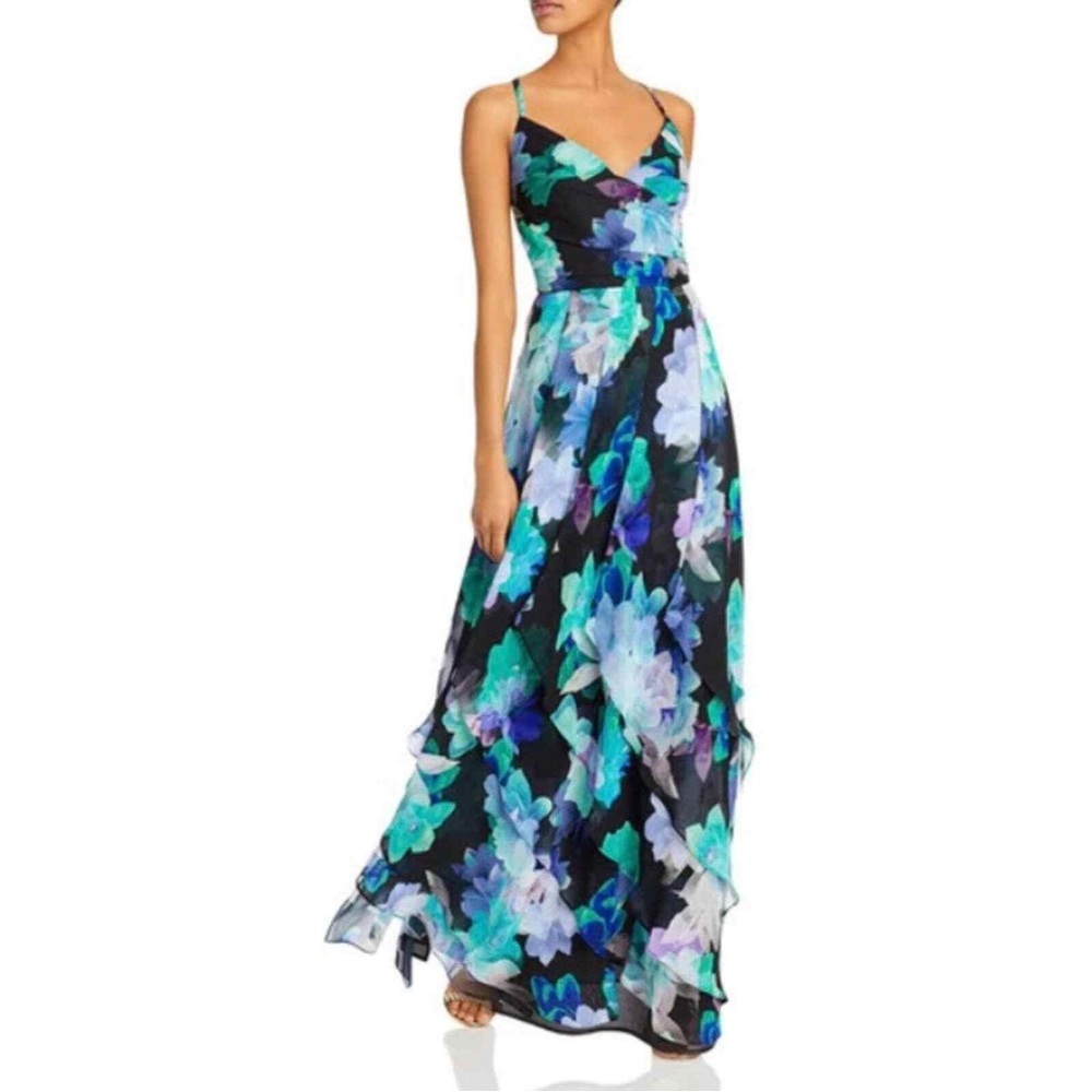 AQUA FORMAL Floral Chiffon Gown Spaghetti Strap Full-Length